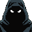  shadowy hooded figure, simple silhouette, sharp pixels, limited color palette, no gradients, glowing white eyes, minimal details, classic old-school game style, transparent background
