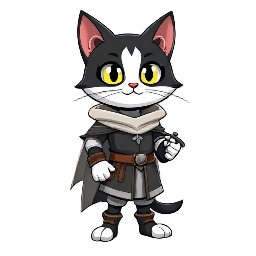 bubble headed black and white anthropomorphic cat in medieval clothes with cape and a sword 