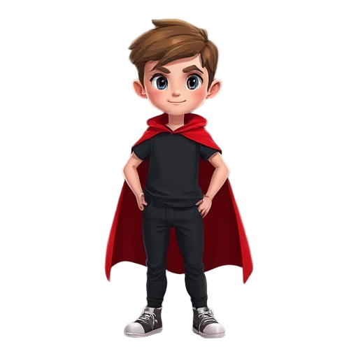 a child half-skin, with a red cape that cover your arms and shouders with a black pants and black t-shirt.