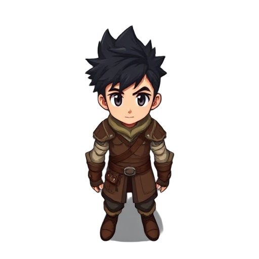 anime style character with spiky black hair, young male adventurer warrior, medieval fantasy setting, leather armor with simple metal details, fantasy rpg outfit, clear silhouette, limited color palette, idle pose, game sprite style