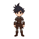 anime style character with spiky black hair, young male adventurer warrior, medieval fantasy setting, leather armor with simple metal details, fantasy rpg outfit, clear silhouette, limited color palette, idle pose, game sprite style