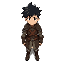 anime style character with spiky black hair, young male adventurer warrior, medieval fantasy setting, leather armor with simple metal details, fantasy rpg outfit, clear silhouette, limited color palette, idle pose, game sprite style