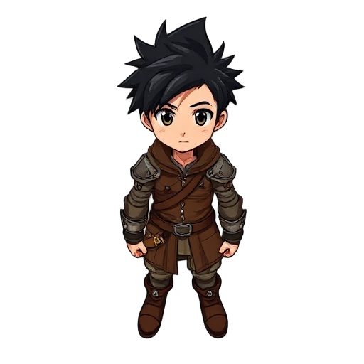 anime style character with spiky black hair, young male adventurer warrior, medieval fantasy setting, leather armor with simple metal details, fantasy rpg outfit, clear silhouette, limited color palette, idle pose, game sprite style