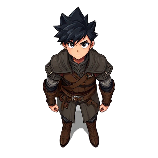 anime style character with spiky black hair, young male adventurer warrior, medieval fantasy setting, leather armor with simple metal details, fantasy rpg outfit, clear silhouette, limited color palette, idle pose, game sprite style