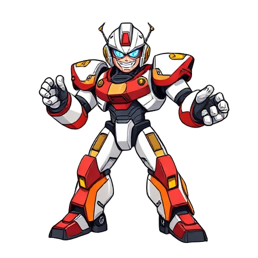 full body and feet/top of head front view gaming poster art a tall/bulky fierce/muscular heroic friendly cartoony adonis cyborg flying cybernetically enhanced white red black and yellow armoured robot body/arms and legs and open helmet, determined smug yo