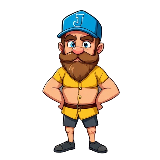 tall and bulky fierce and muscular heroic friendly cartoony bipedal adonis blondish/brown haired swirly/crooked mustache and beard irish man with shimmering blue eyes, wearing a capital blue "j" in the center of a white background on his blue baseball cap