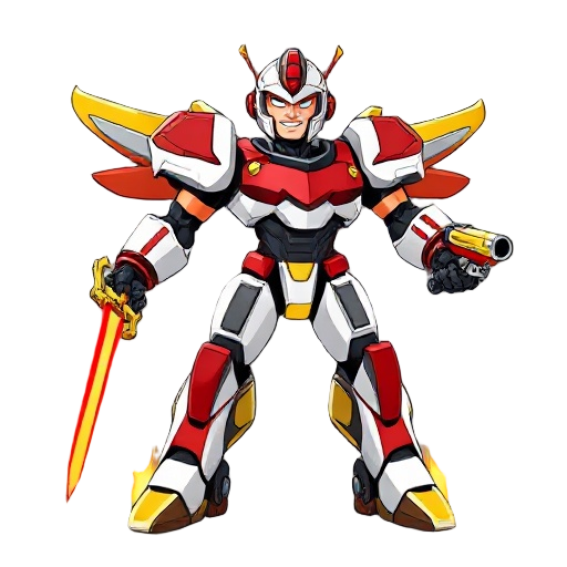 tall/bulky fierce/muscular heroic friendly cartoony adonis cyborg flying cybernetically enhanced white red black and yellow armoured robot body/arms and legs and open helmet, determined smug young smiling face and eyes, one hand grips red laser blade swor