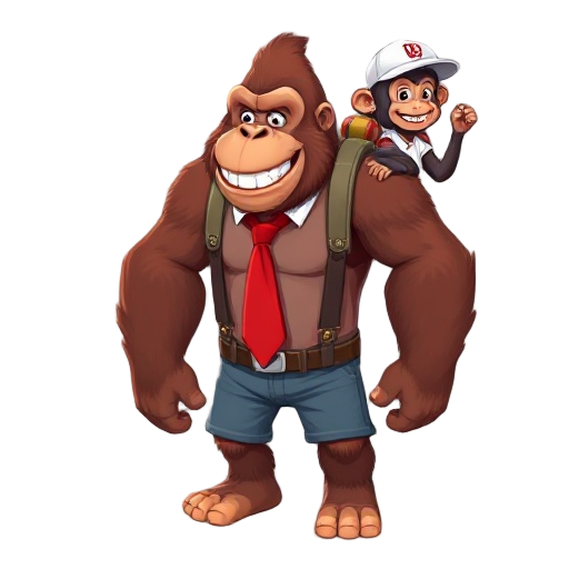 cartoony heroic fierce/extra muscled reddish/brown fur smiling face gorilla, wearing red tie with letters kk, dressed in denim shorts/suspenders, wearing on shoulder cartoony heroic long tailed smiling face chimpanzee monkey wearing white baseball cap/t s