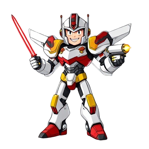 tall/bulky fierce/muscular heroic friendly cartoony adonis cyborg flying cybernetically enhanced white red black and yellow armoured robot body/arms and legs and open helmet, determined smug young smiling face and eyes, one hand grips red laser blade swor