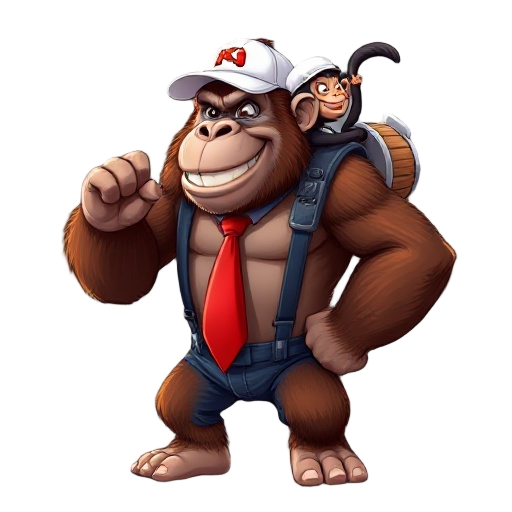 cartoony heroic fierce/extra muscled reddish/brow fur smiling face gorilla, wearing red tie with letters kk, dressed in denim shorts/suspenders, wearing on shoulder cartoony heroic long tailed smiling face chimpanzee monkey wearing white baseball cap/t sh