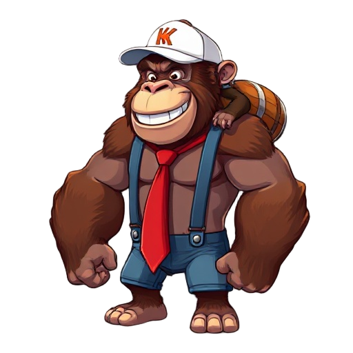 cartoony heroic fierce/extra muscled reddish/brown fur smiling face gorilla, wearing red tie with letters kk, dressed in denim shorts/suspenders, wearing on shoulder cartoony heroic long tailed smiling face chimpanzee monkey wearing white baseball cap/t s