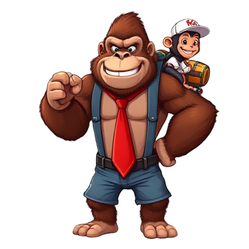 cartoony heroic fierce/extra muscled reddish/brown fur smiling face gorilla, wearing red tie with letters kk, dressed in denim shorts/suspenders, wearing on shoulder cartoony heroic long tailed smiling face chimpanzee monkey wearing white baseball cap/t s