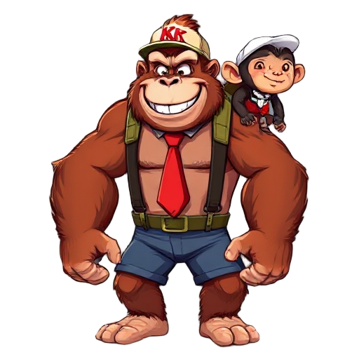 cartoony heroic fierce/extra muscled reddish/brown fur smiling face gorilla, wearing red tie with letters kk, dressed in denim shorts/suspenders, wearing on shoulder cartoony heroic long tailed smiling face chimpanzee monkey wearing white baseball cap/t s