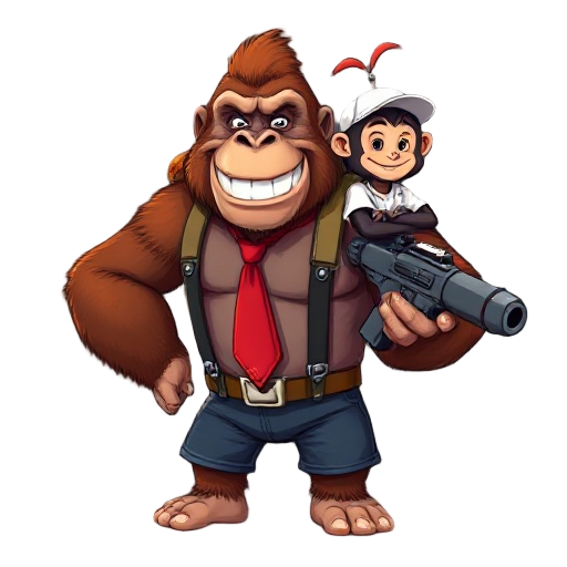 cartoony heroic fierce/extra muscled reddish/brow fur smiling face gorilla, wearing red tie with letters kk, dressed in denim shorts/suspenders, wearing on shoulder cartoony heroic long tailed smiling face chimpanzee monkey wearing white baseball cap/t sh