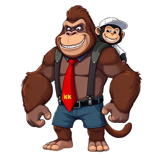 cartoony heroic extra muscled gorilla with smiling face brown/reddish fur long monkey tail, {wearing red tie with yellow letters "kk"} dressed in denim shorts/suspenders wearing on his shoulder a cartoony heroic smiling long tail chimpanzee monkey wearing