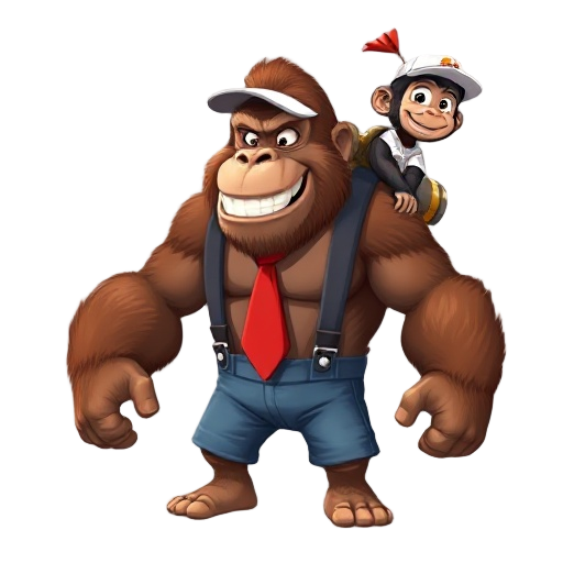 cartoony heroic fierce/extra muscled reddish/brown fur smiling face gorilla, wearing red tie with letters kk, dressed in denim shorts/suspenders, wearing on shoulder cartoony heroic long tailed smiling face chimpanzee monkey wearing white baseball cap/t s