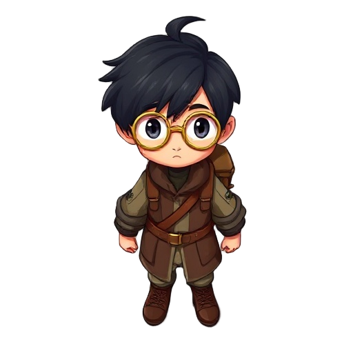 character with black short hair, golden round glasses, medieval look, medieval backpack on. i need all the idle positions and animations