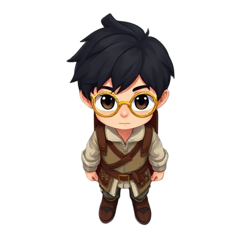 character with black short hair, golden round glasses, medieval look, medieval backpack.