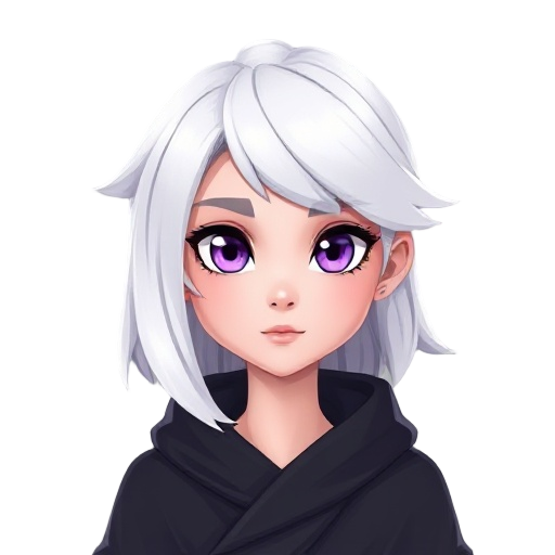 a white-haired woman with purple eyes and wearing a black robe