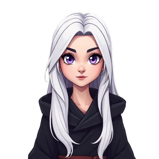 the woman has long white hair, purple eyes and wears a black robe 