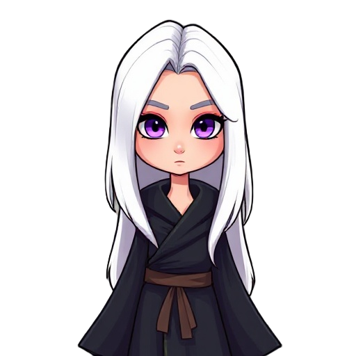the woman has long white hair, purple eyes and wears a black robe 