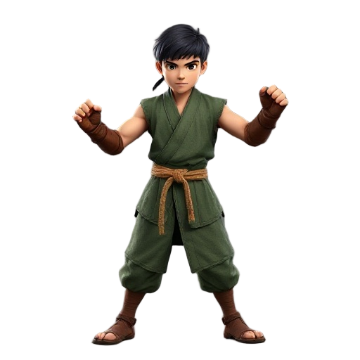 a full body 3d character model of a novice martial arts fighter, inspired by early mortal kombat realism. he is a young male warrior in a neutral fighting stance. he wears a simple, sleeveless, rough-textured green uwagi (martial arts jacket) tied with a 