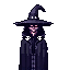 a dark wizard who's eyes you can only see through his outfit. skull decorations on cloak