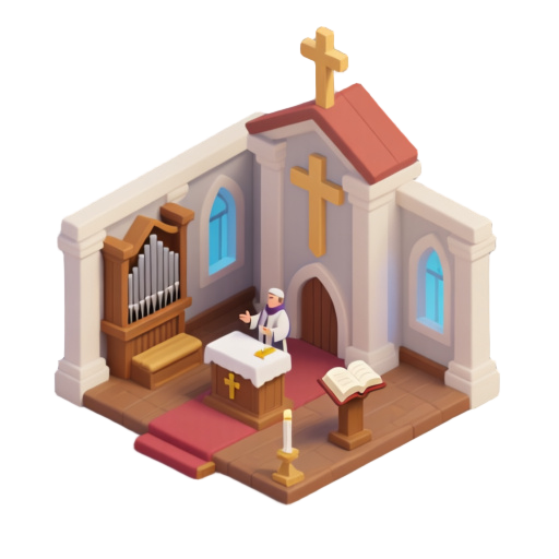 create a church based on classical protestant churches, for top down perspective. create also de inner place showing organ , cross, altar and a place for the pastor preaching the bible.