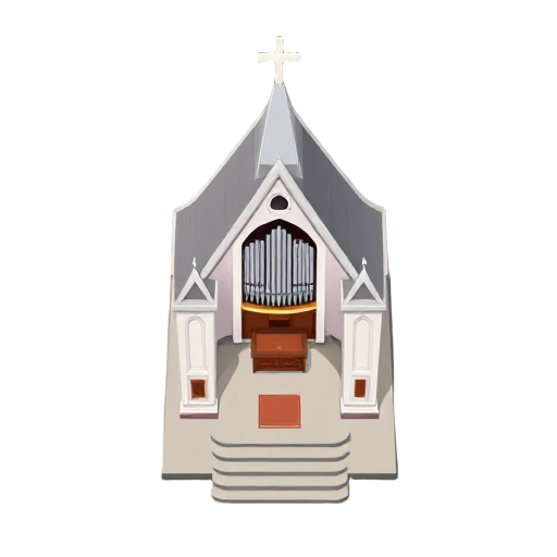 create a church based on classical protestant churches, for top down perspective. create also de inner place showing organ , cross, altar and a place for the pastor preaching the bible.