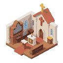 create a church based on classical protestant churches, for top down perspective. create also de inner place showing organ , cross, altar and a place for the pastor preaching the bible.