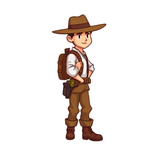 a 2d pixel-art character of an explorer standing upright, shown in a side-facing pose. he is wearing a wide-brimmed brown adventure hat, a white rolled-sleeve shirt, brown suspenders, and brown pants with boots. he has a small backpack and a simple styliz