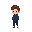a boy in a dark blue sweatshirt and black pants, brown hair, and red and white sneakers