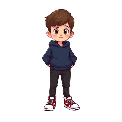 a boy in a dark blue sweatshirt and black pants, brown hair, and red and white sneakers