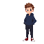 a boy in a dark blue sweatshirt and black pants, brown hair, and red and white sneakers