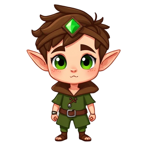 a young forest elf adventurer, child-like and brave, with short curly brown hair, large expressive green eyes, light freckles, and pointed elf ears. he wears a simple green tunic with lace-up details, a brown hooded cloak, and a thin leather headband with