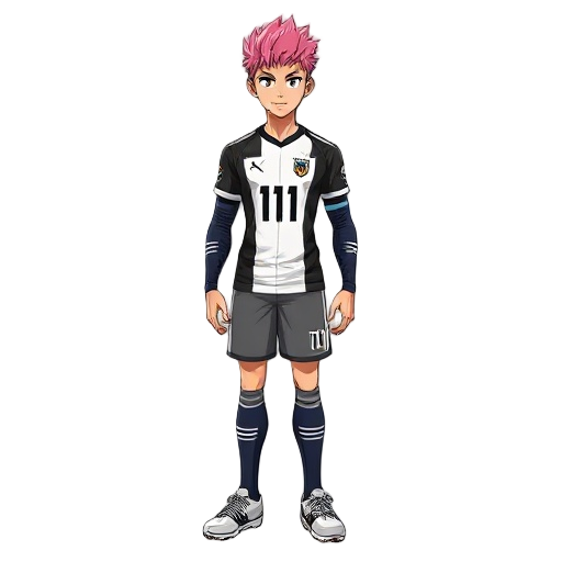 "full body 3d model, male anime character, tanned skin, spiky pink and blonde hair. athletic soccer player physique. outfit: black and white sports jersey with '111', dark blue compression sleeves with spiral patterns. detailed soccer cleats. symmetrical 