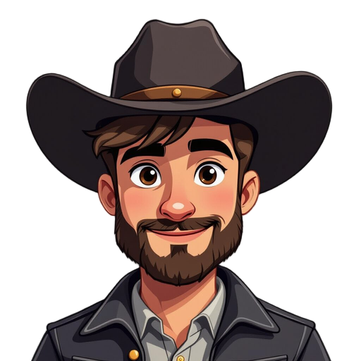 (busto/peito acima), homem jovem cowboy moderno, pele morena clara/média, sobrancelhas grossas, olhos castanhos, nariz médio, barba+bigode curtos aparados, expressão séria. chapéu cowboy preto grande aba larga, jaqueta preta, camiseta clara. pixels nítido