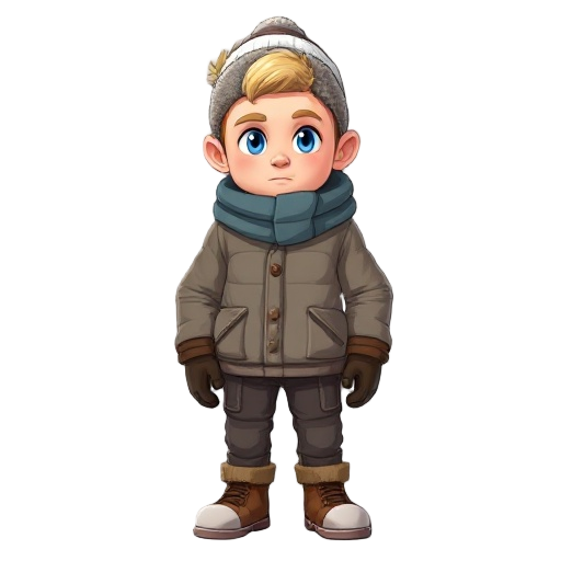 create a full body character with winter clothing and an ushanka hat. a guy with blue eyes and dirty blonde hair with a buzz cut