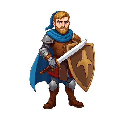 male knight, wearing leather armor, blue cape, holding steel sword, holding shield, brown boots, white background
