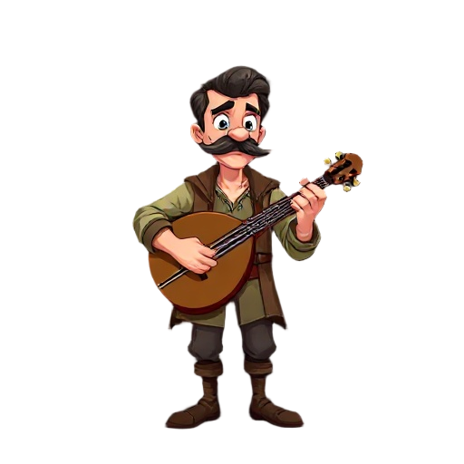a man with a mustache playing a lute, set against a stark black background, giving focus on the character.  the image presents a medium close-up, focusing on the man playing the lute, with the instrument taking up a significant portion of the frame, and t
