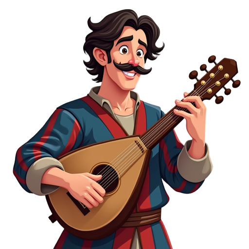 a middle-aged caucasian man with a neatly trimmed dark mustache and wavy dark brown hair is depicted playing a lute, the instrument held at an angle toward his body. he is dressed in a renaissance-style ensemble featuring a blue and red striped top with e