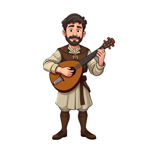 a man is playing a lute in a renaissance-style outfit.