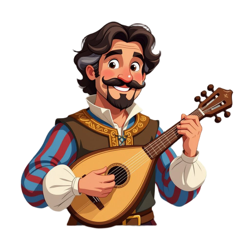a middle-aged caucasian man with a neatly trimmed dark mustache and wavy dark brown hair is depicted playing a lute, the instrument held at an angle toward his body. he is dressed in a renaissance-style ensemble featuring a blue and red striped top with e
