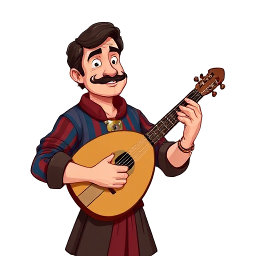 a middle-aged caucasian man with a neatly trimmed dark mustache and wavy dark brown hair is depicted playing a lute, the instrument held at an angle toward his body. he is dressed in a renaissance-style ensemble featuring a blue and red striped top with e