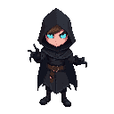 mystical hero in black hooded outfit, glowing blue eyes, magical aura. not a killer look. left hand has long black claws. dark, mysterious, heroic atmosphere.