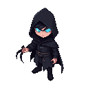 mystical hero in black hooded outfit, glowing blue eyes, magical aura. not a killer look. left hand has long black claws. dark, mysterious, heroic atmosphere.