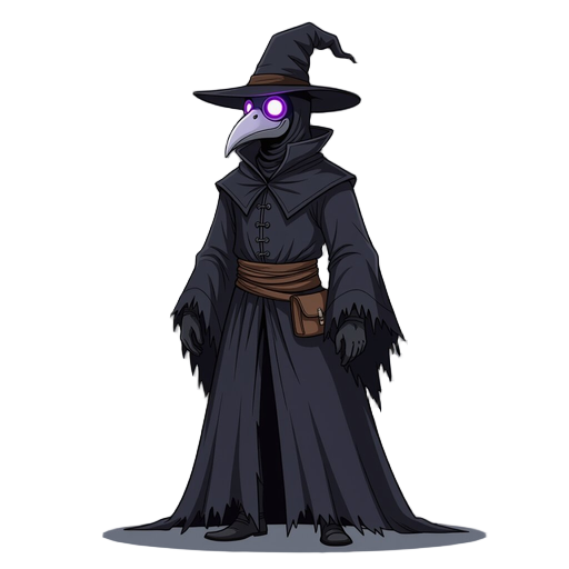 a low plague doctor, standing in a powerful and elegant idle stance. the character is wearing a long, ragged black gothic robe with detailed tattered edges at the bottom. a distinctive plague doctor mask (beaked mask) with glowing unknown purple light em