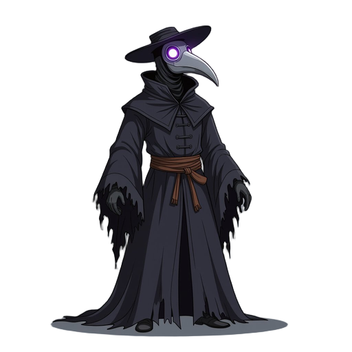 a high-quality plague doctor, standing in a powerful and elegant idle stance. the character is wearing a long, ragged black gothic robe with detailed tattered edges at the bottom. a distinctive plague doctor mask (beaked mask) with glowing unknown purple