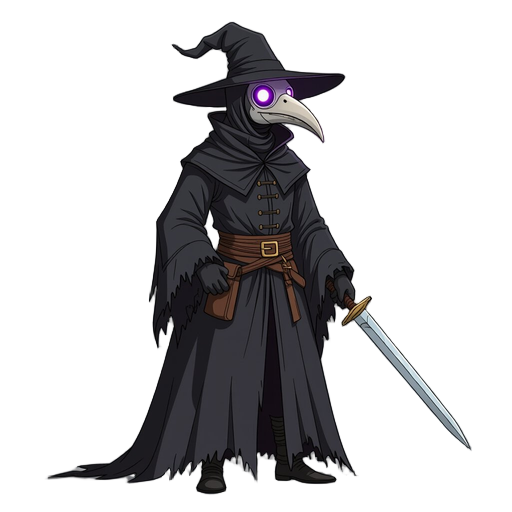  a low plague doctor, standing in a powerful and elegant idle stance. the character is wearing a long, ragged black gothic robe with detailed tattered edges at the bottom. a distinctive plague doctor mask (beaked mask) with glowing unknown purple light em