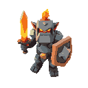 3d clash royale style character, amber and stone golem holding a glowing amber sword and wooden shield. top-down isometric front view, high-angle shot, vibrant colors, clean studio lighting, clay render aesthetic, isolated on neutral background, mobile st